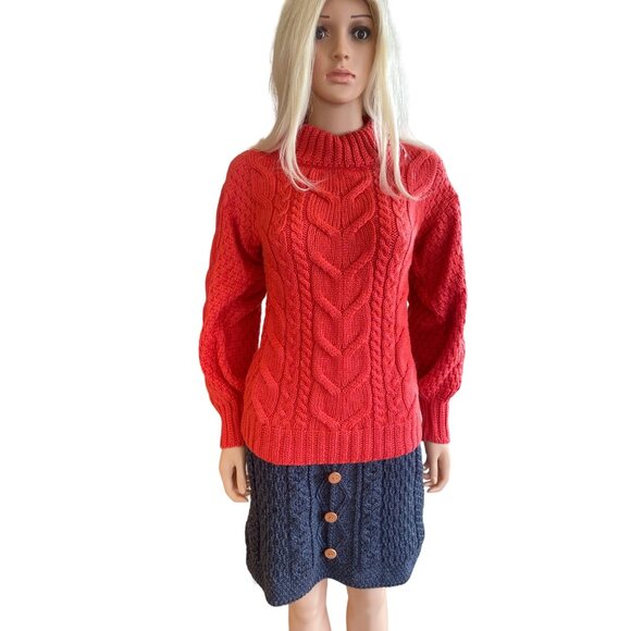 Aran Woollen Mills Sweaters - NWT Aran Woollen Mills Red Cable-knit Crew Neck Merino Sweater S Balloon Sleeves